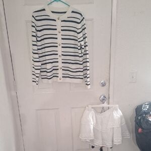 Striped White and Black  Cardigan And White Skirt
